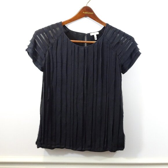 Joie 100% Silk Black Pleated Short Sleeve Blouse Small Raw Edge Career Wear - Picture 1 of 8